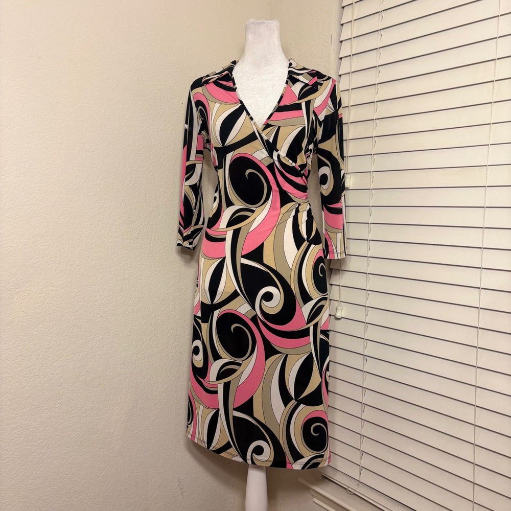 Vintage 90s Pink Psychedelic Swirl Retro Bodycon Collared Gogo Dress Size M
